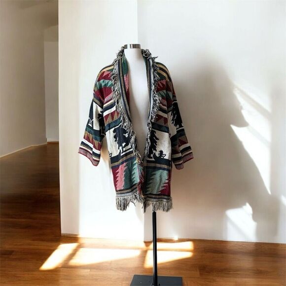 Vintage Blanket Fringe Patchwork Printed Cardigan Duster Kimono Small - Picture 1 of 9